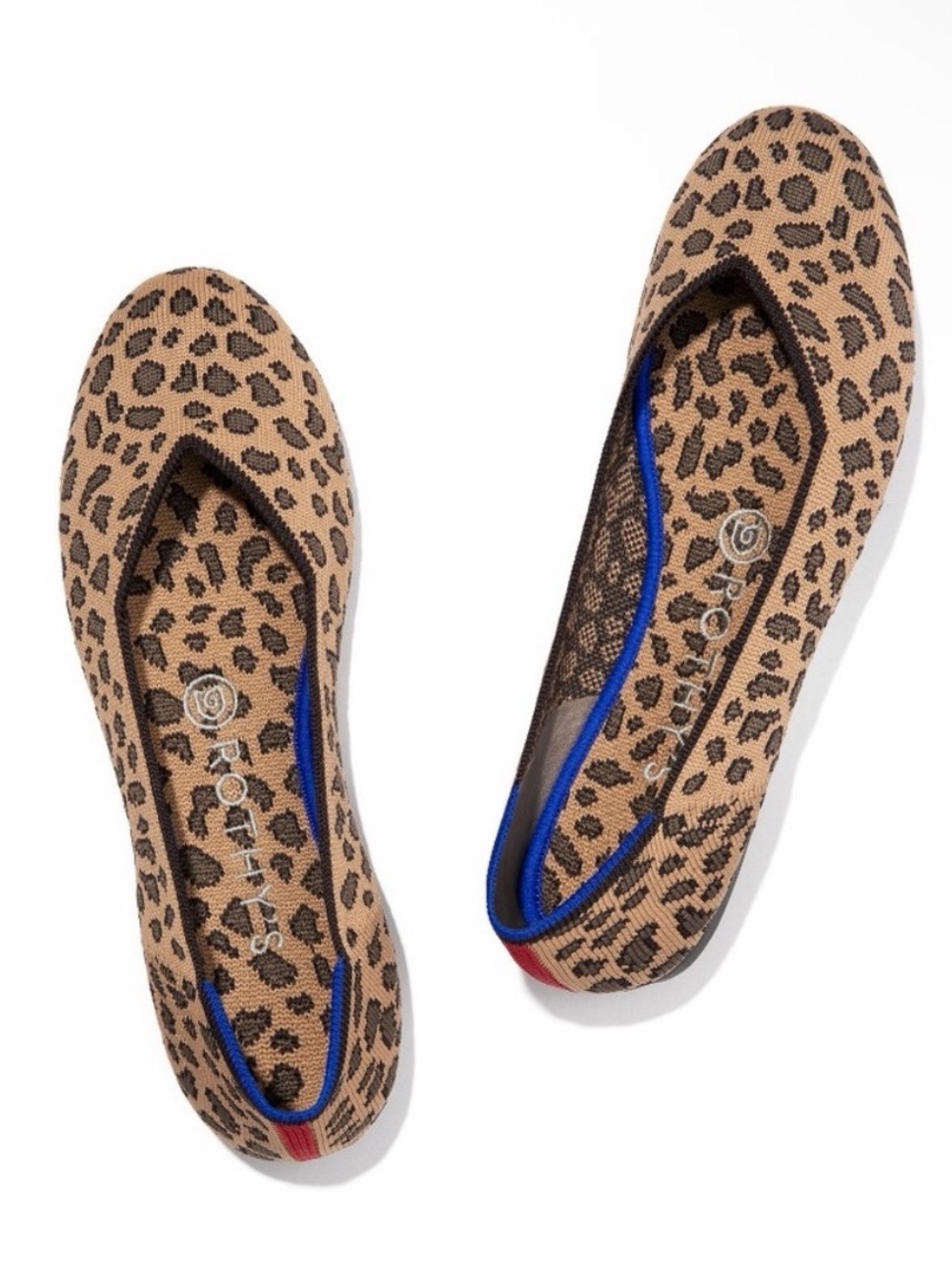 Rothy's Leopard Print Knit Ballet Flats in Tan and Black with Blue Trim